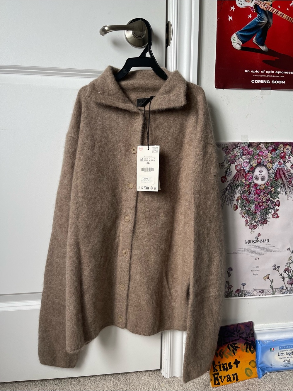 Zara Beige Button-Front Fuzzy Cardigan